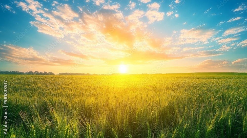 13. A beautiful countryside scene featuring a green wheat field and a vibrant sky with scattered clouds, ideal for adventure and nature backgrounds 13. A beautiful countryside scene featuring a green wheat field and a vibrant sky with scattered clouds, ideal for adventure and nature backgrounds