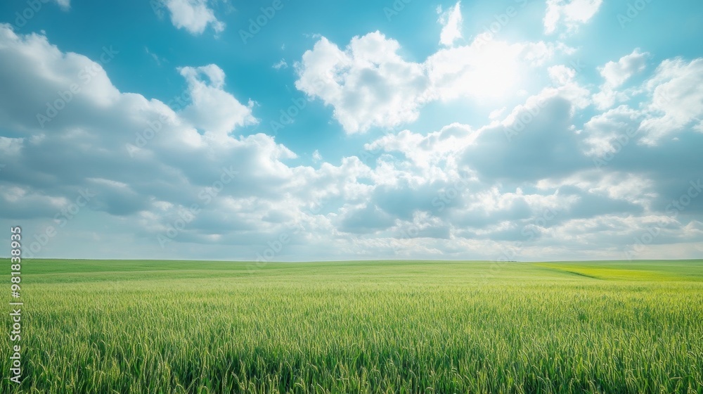 Fototapeta premium 14. Rolling green fields of wheat under a vast sky with dynamic cloud formations, capturing the essence of rural tranquility and agricultural beauty