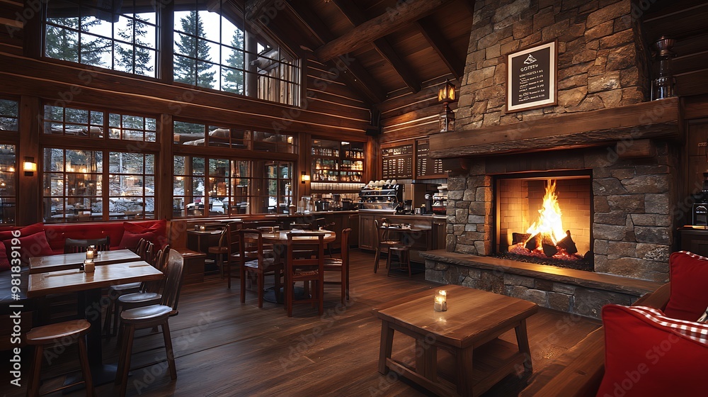 Rustic cabin-style coffee shop with wooden furniture, a stone fireplace, and soft, warm lighting. The cozy atmosphere is enhanced by natural materials and the crackling fire, Rustic cabin-style coffee shop with wooden furniture, a stone fireplace, and soft, warm lighting. The cozy atmosphere is enhanced by natural materials and the crackling fire,