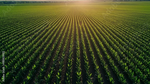 18. Aerial view of a field of young corn plants, with orderly rows stretching out towards the horizon, depicting early growth in agriculture