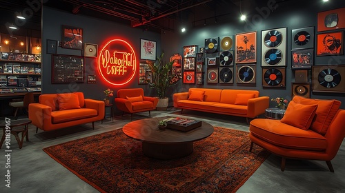 Retro-style coffee shop with mid-century modern furniture, bold, bright colors, and vinyl records displayed on the walls.