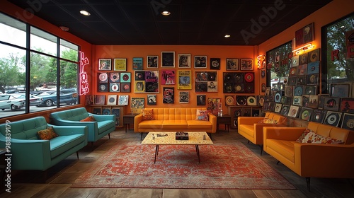 Retro-style coffee shop with mid-century modern furniture, bold, bright colors, and vinyl records displayed on the walls.