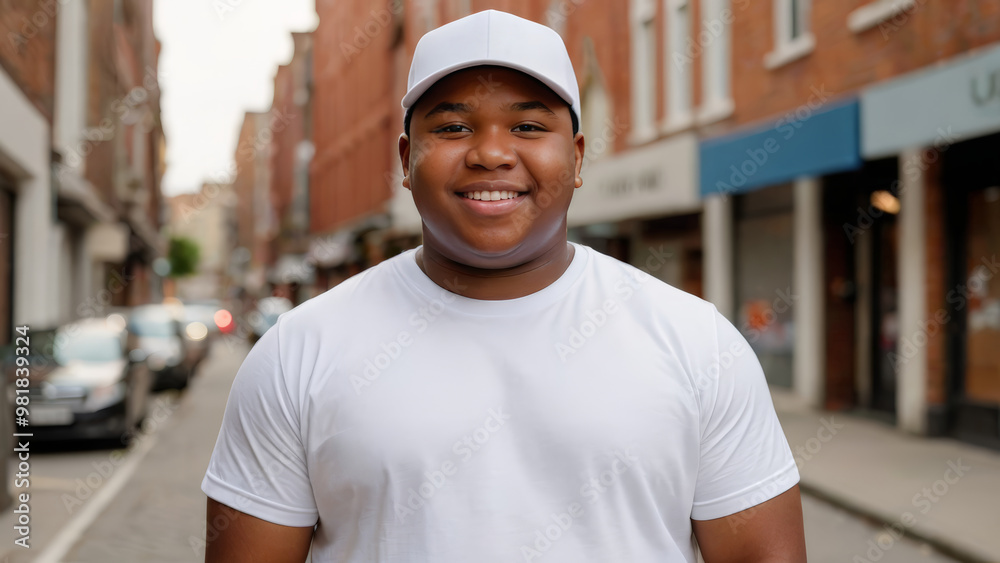 Plus size black teenage boy wearing white t-shirt and white baseball cap standing on the street Plus size black teenage boy wearing white t-shirt and white baseball cap standing on the street