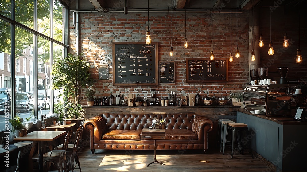 Fototapeta Rustic coffee shop interior with vintage wooden furniture, brick walls, hanging Edison bulbs, and leather couches. Soft,