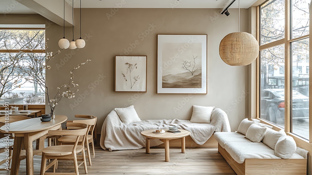 Fototapeta premium Scandinavian coffee shop with minimalist decor, light wooden furniture, and cozy throws draped over seating. The soft pastels and natural light create a calming, warm,
