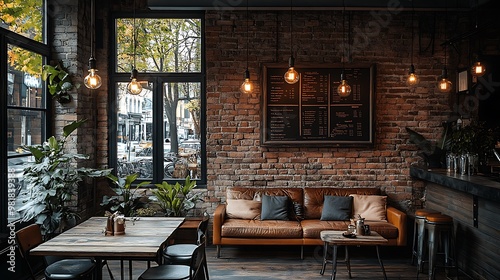 Rustic coffee shop interior with vintage wooden furniture, brick walls, hanging Edison bulbs, and leather couches. Soft,