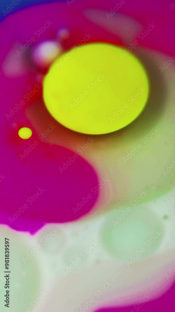 Vertical video. Paint bubbles. Colorful oil fluid. Defocused blue pink yellow acrylic ink dye water mix droplets sphere flow motion white milk texture abstract art background. Vertical video. Paint bubbles. Colorful oil fluid. Defocused blue pink yellow acrylic ink dye water mix droplets sphere flow motion white milk texture abstract art background.