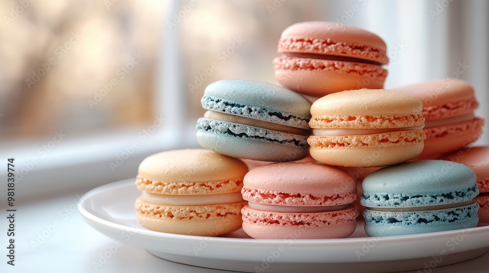 Fototapeta premium Close-Up of Colorful Macarons on White Plate – French Sweets in Pastel Colors