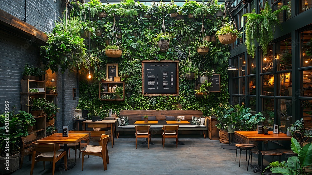 Naklejka premium Urban jungle coffee shop with green plants covering the walls, hanging planters, and potted trees surrounding rustic furniture. Warm natural light highlights the cozy,