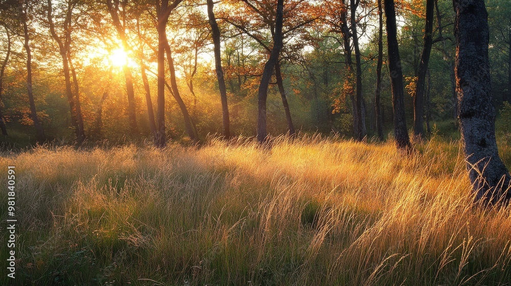 Fototapeta premium 64. The serene sight of autumn grass in a forest at sunset, with soft light and gentle wind, evoking a peaceful autumn atmosphere