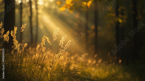 63. Shallow depth of field shot of autumn grass, the sun rays illuminating the forest floor, highlighting the beauty of the season