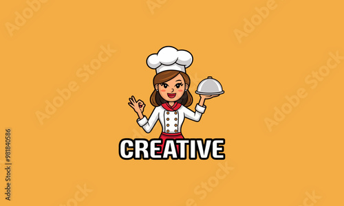 Chef woman in hijab presenting food, cartoon vector