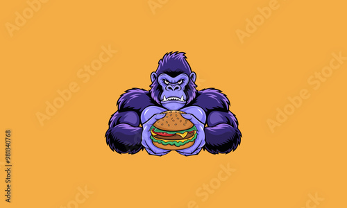 Fierce gorilla holding a burger cartoon vector