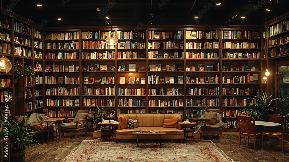 A cozy café within a bookstore, featuring bookshelves, small tables, and comfortable seating. Warm lighting creates a peaceful and quiet atmosphere, A cozy café within a bookstore, featuring bookshelves, small tables, and comfortable seating. Warm lighting creates a peaceful and quiet atmosphere,