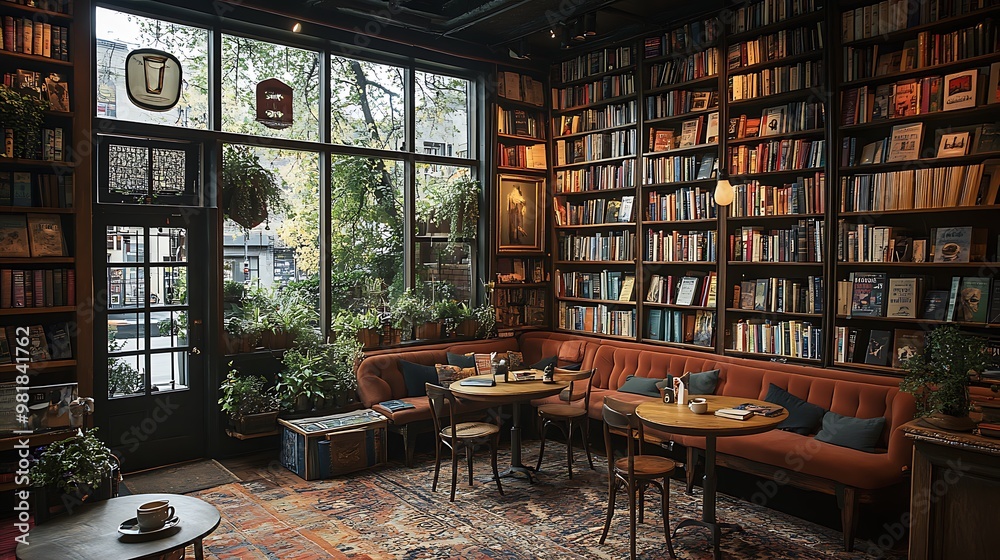 A cozy café within a bookstore, featuring bookshelves, small tables, and comfortable seating. Warm lighting creates a peaceful and quiet atmosphere, A cozy café within a bookstore, featuring bookshelves, small tables, and comfortable seating. Warm lighting creates a peaceful and quiet atmosphere,