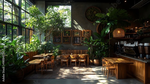 A cozy coffee shop interior with an urban jungle aesthetic, featuring greenery everywhere, large potted trees, and rustic wooden furniture. Soft natural lighting fills the space, photo