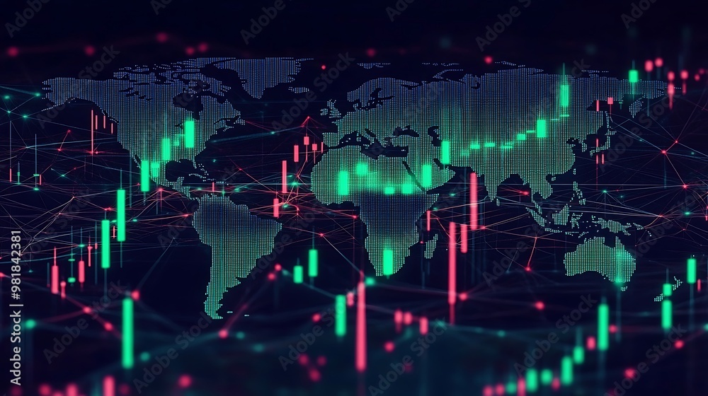 Obraz premium A cryptocurrency market chart with fluctuating green and red candlesticks, displayed over a pulsating world map, glowing network lines connecting financial hubs, dynamic lighting effects, hd quality,