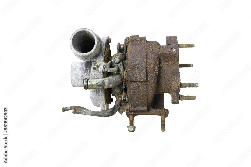 Old turbo rusty car with an old engine isolated against a backdrop of industrial equipment.clipping path included and white background Old turbo rusty car with an old engine isolated against a backdrop of industrial equipment.clipping path included and white background