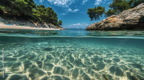 121. Half underwater shot capturing the crystal clear sea water of Sitonia, Halkidiki, with a sandy beach bottom and rocky shoreline dotted with trees, showing the beauty of the Greek coastline photo