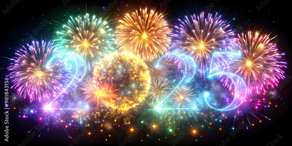 Fototapeta premium 3D Holographic New Year Fireworks Icon - Isolated Celebration of 2025's Excitement with Vibrant Colors and Dynamic Patterns Against White Background