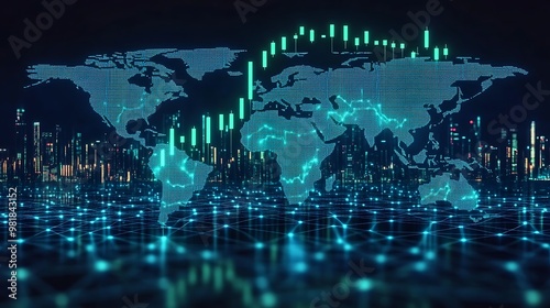 A cryptocurrency market with green candlesticks climbing upward, displayed on a glowing blue digital world map, with financial centers glowing, connected by bright network lines, soft lighting,