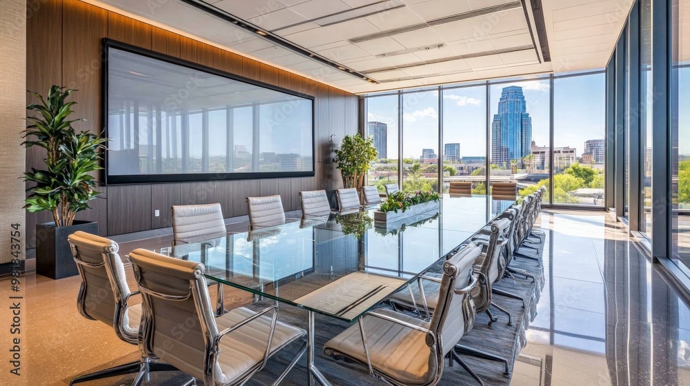 Conference room with a long glass table, executive chairs, large screen for presentations, and floor-to-ceiling windows providing natural light Conference room with a long glass table, executive chairs, large screen for presentations, and floor-to-ceiling windows providing natural light