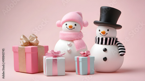 Playful Snowman Pair Dressed in Pink and Mint for a Cheerful Christmas
