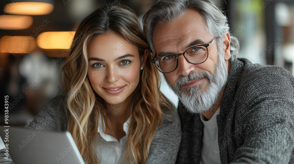 A young woman and an older man look directly at the camera while sitting in a cafe. A young woman and an older man look directly at the camera while sitting in a cafe.