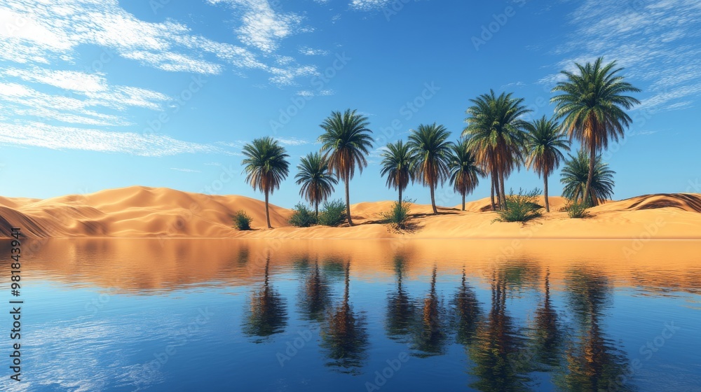Palm Trees Reflected in Calm Water of Desert Oasis