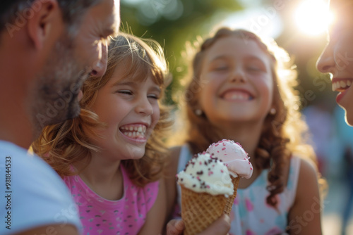 Multi-ethnic family enjoying ice cream together on a sunny day, joyful interaction between adults and children.