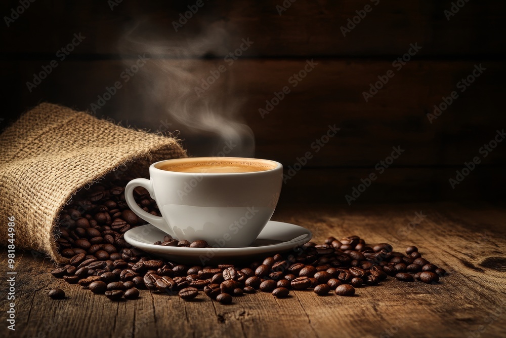 Fototapeta premium Aromatic Cup of Coffee with Coffee Beans and a Burlap Sack