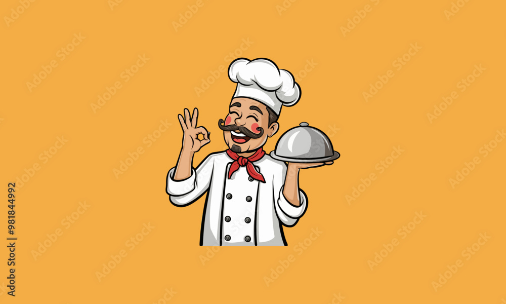 Happy chef holding food tray, cartoon logo vector. Happy chef holding food tray, cartoon logo vector.