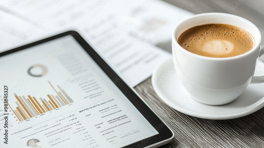 Coffee Break with Charts on Tablet and Papers Coffee Break with Charts on Tablet and Papers