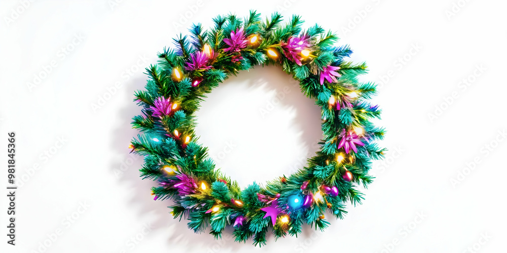 Vibrant Flat Macro Illustration of Holographic Christmas Wreath with Colorful Decorations on White Background - Capturing Holiday Joy in Simple Vector Art Vibrant Flat Macro Illustration of Holographic Christmas Wreath with Colorful Decorations on White Background - Capturing Holiday Joy in Simple Vector Art
