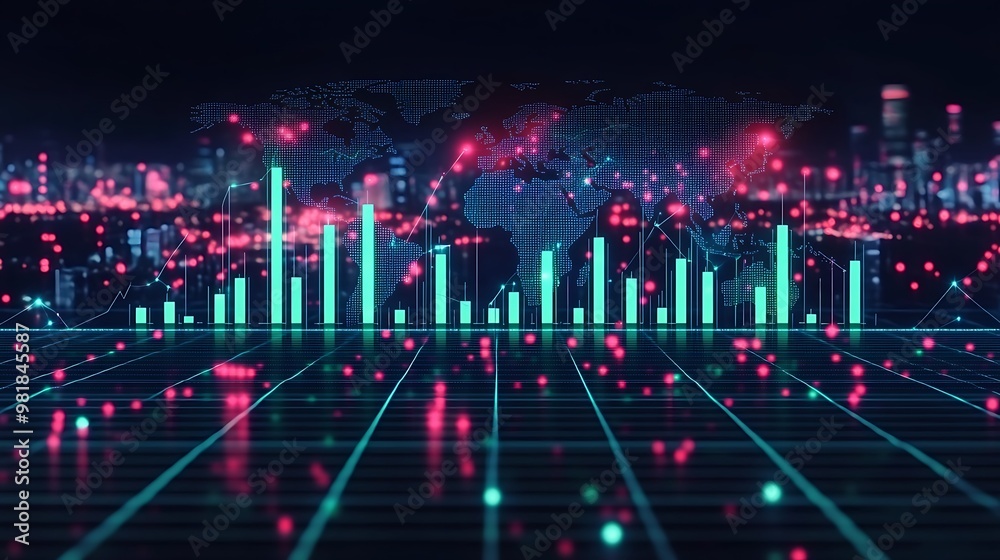 Obraz premium A fluctuating candlestick chart with green and red bars, overlaying a grid-like world map, glowing nodes representing decentralized financial hubs, network lines connecting independent regions,