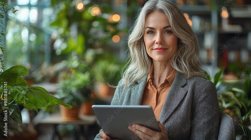 Fototapeta premium Smiling woman using tablet in cafe