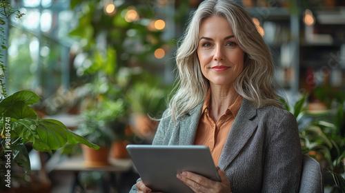 Smiling woman using tablet in cafe