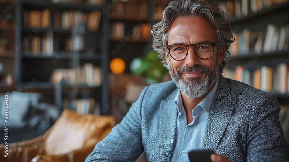 Smiling mature man in glasses uses a phone.