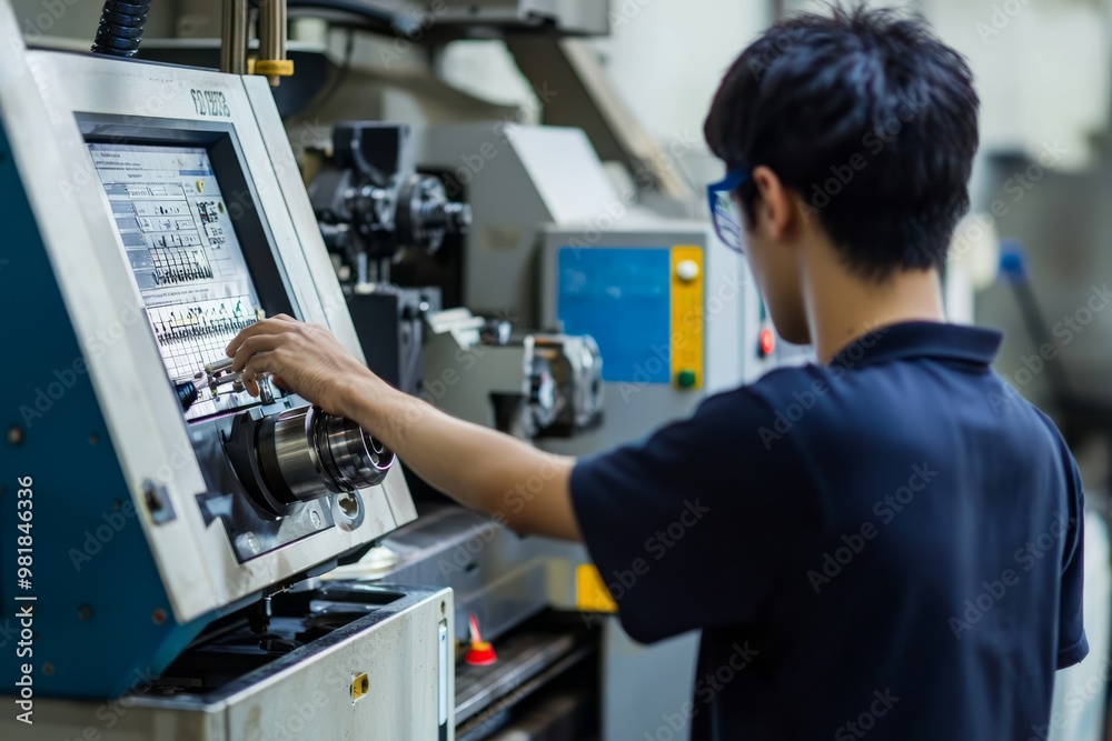 Worker Performs Maintenance On A CNC Machine. They Clean And Lubricate The Moving Parts To Keep The Machine Running Worker Performs Maintenance On A CNC Machine. They Clean And Lubricate The Moving Parts To Keep The Machine Running