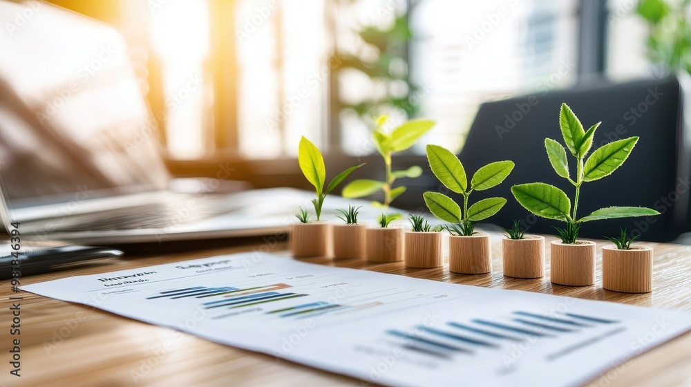 Business Growth Concept with Plants and Charts on Desk Business Growth Concept with Plants and Charts on Desk