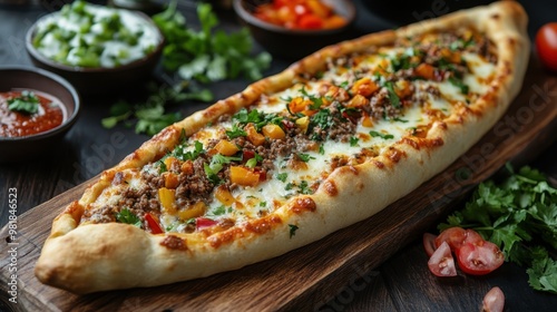 Delicious Turkish Pide with Fresh Toppings on Wooden Board