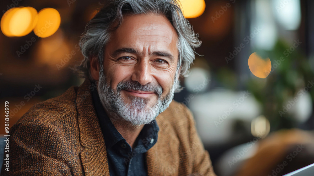 Fototapeta premium Smiling mature man with gray hair sitting at a cafe.