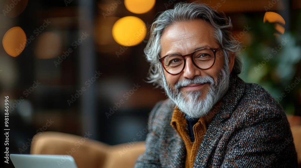 Smiling senior man in a cafe with a laptop. Smiling senior man in a cafe with a laptop.