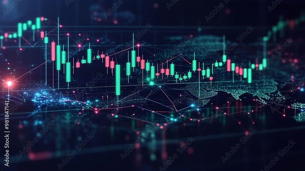 A high-tech candlestick chart showing green and red candles fluctuating, overlaying a digital global map, glowing time zones and network lines representing connected cryptocurrency trades, A high-tech candlestick chart showing green and red candles fluctuating, overlaying a digital global map, glowing time zones and network lines representing connected cryptocurrency trades,
