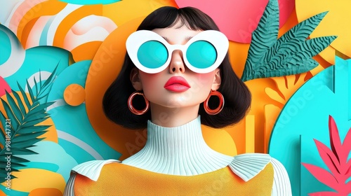 A vibrant and stylish woman poses confidently in oversized sunglasses against a colorful tropical backdrop, showcasing a modern retro aesthetic with bold colors and playful design elements.