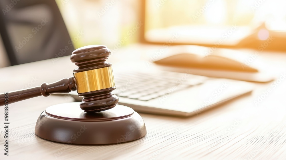 Gavel on Wooden Table with Laptop in Background Gavel on Wooden Table with Laptop in Background
