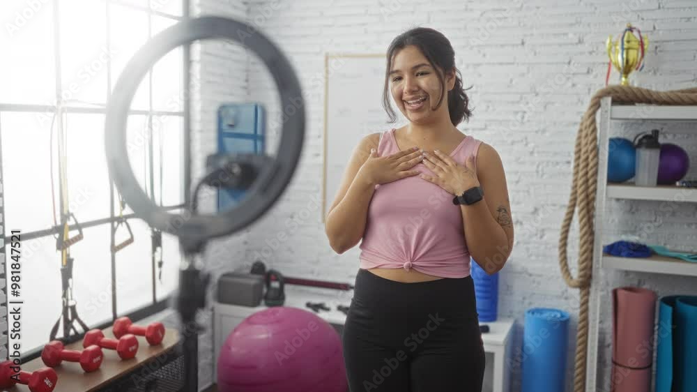 Young hispanic woman working out at a gym while making a video indoors. Young hispanic woman working out at a gym while making a video indoors.