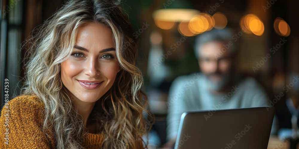 Smiling woman with long blonde hair working on a laptop in a cafe. Smiling woman with long blonde hair working on a laptop in a cafe.