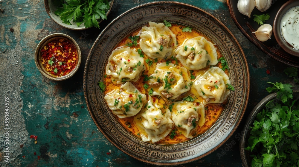 Delicious Dumplings in Savory Sauce on Rustic Table Delicious Dumplings in Savory Sauce on Rustic Table