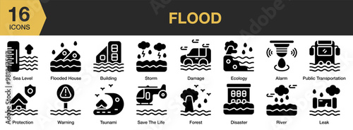 Flood solid icon set. Includes forest, leak, river, save the life, sea level, and More. Solid icons vector collection.